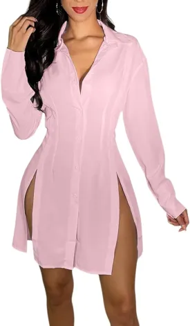 shengfan Women's Casual Long Sleeve Button Down Shirt Dress Collar V Neck Loose Slit Sexy Blouse Mini Dresses