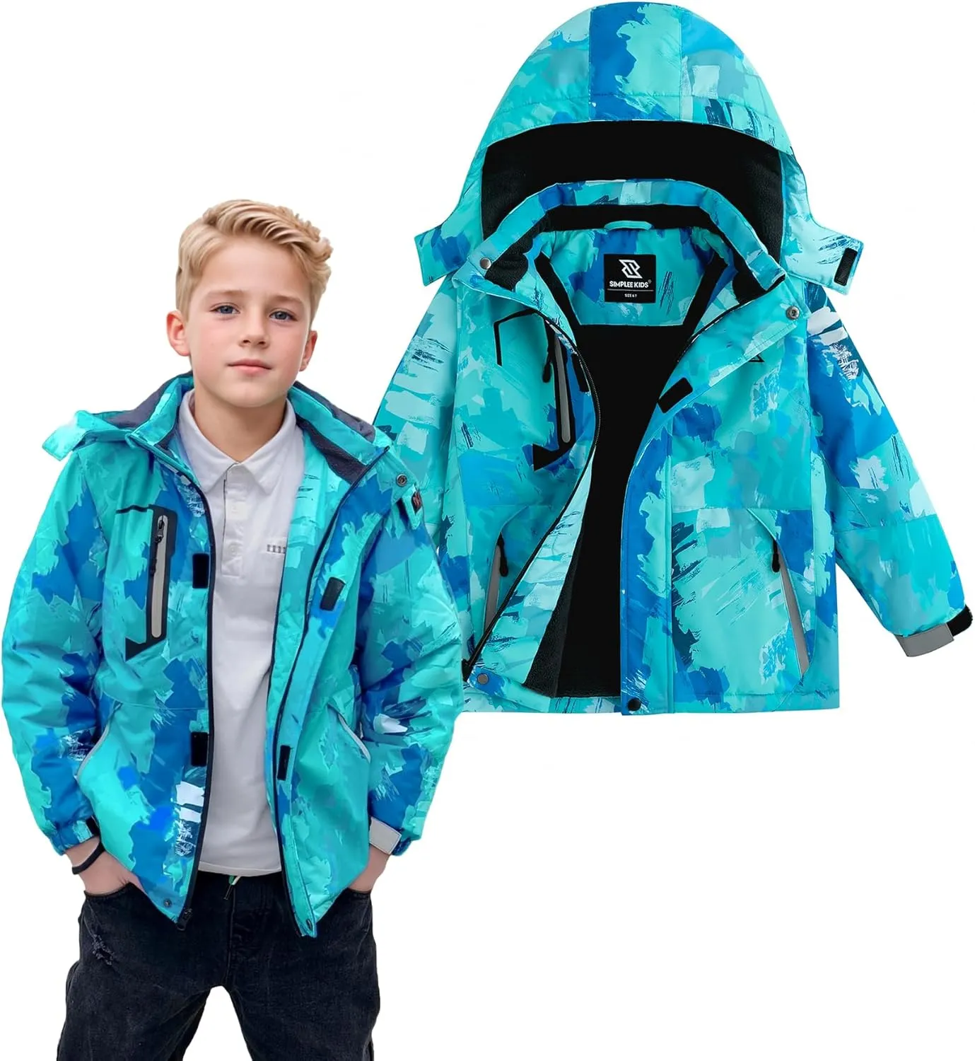 Simplee kids Boy Winter Coat Waterproof Ski Jacket Fleece Hooded Snow Warm Padded Raincoats