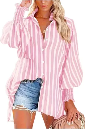 SOLY HUX Women's Plus Size Striped Shirt Button Down Collared Bishop Long Sleeve Casual Blouse Tops