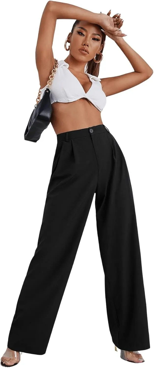 SweatyRocks Women's Casual Wide Leg High Waisted Button Down Straight Long Trousers Pants