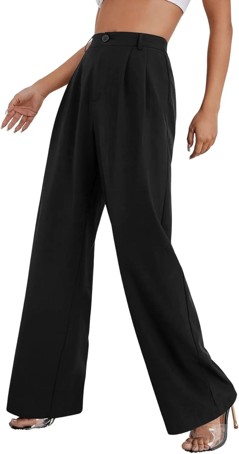 SweatyRocks Women's Casual Wide Leg High Waisted Button Down Straight Long Trousers Pants
