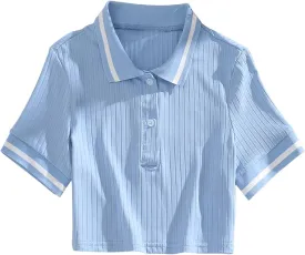 SweatyRocks Women's Collar Half Button Short Sleeve Striped Crop Top T-Shirts