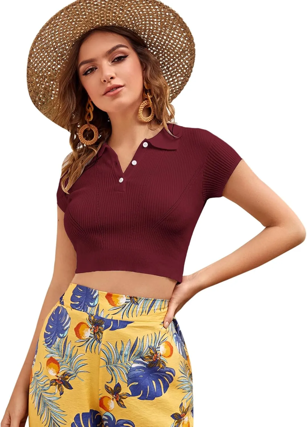 SweatyRocks Women's Collar Half Button Short Sleeve Striped Crop Top T-Shirts