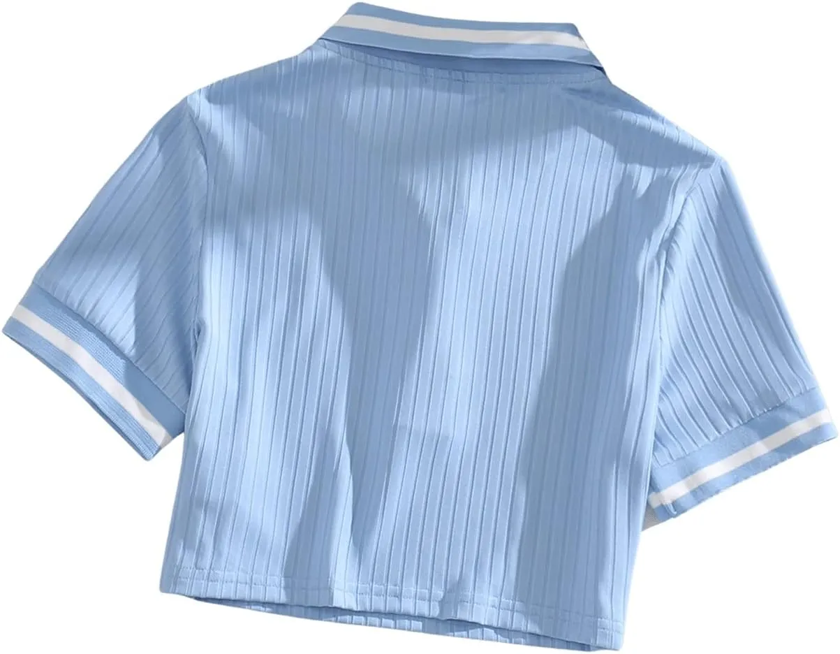 SweatyRocks Women's Collar Half Button Short Sleeve Striped Crop Top T-Shirts