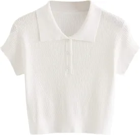 SweatyRocks Women's Collar Half Button Short Sleeve Striped Crop Top T-Shirts