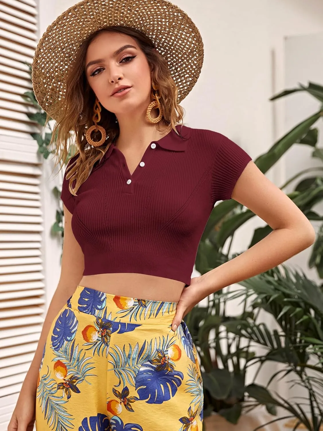 SweatyRocks Women's Collar Half Button Short Sleeve Striped Crop Top T-Shirts