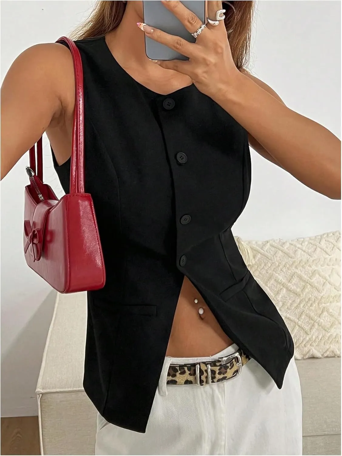 SweatyRocks Women's Split Button Down Blazer Vest Crewneck Sleeveless Suit Vest Jackets