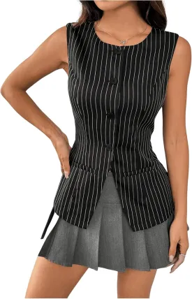 SweatyRocks Women's Split Button Down Blazer Vest Crewneck Sleeveless Suit Vest Jackets
