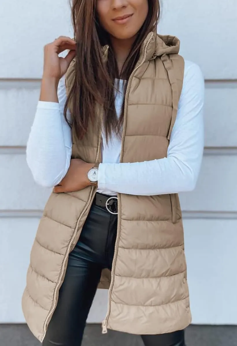 Veatzaer Women Long Vest Solid Color Sleeveless Hood Winter Puffer Vest Outwear