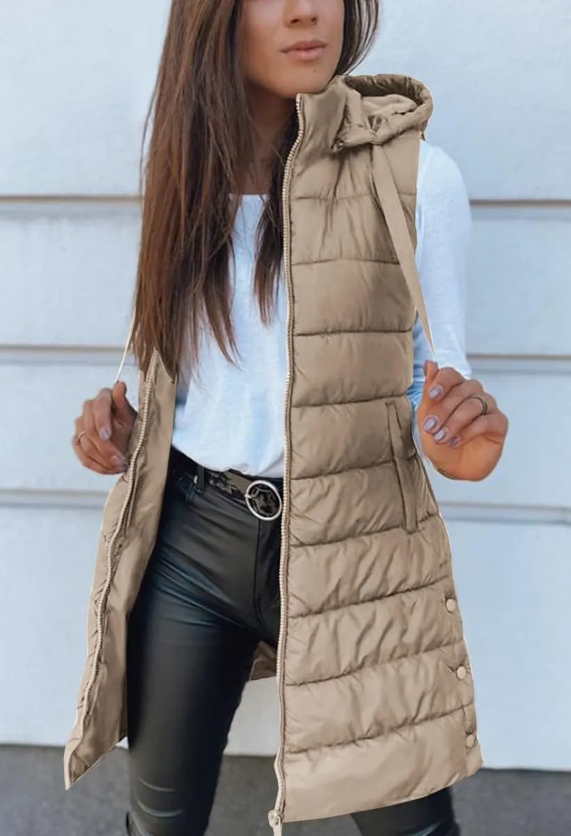 Veatzaer Women Long Vest Solid Color Sleeveless Hood Winter Puffer Vest Outwear