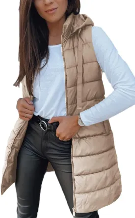 Veatzaer Women Long Vest Solid Color Sleeveless Hood Winter Puffer Vest Outwear