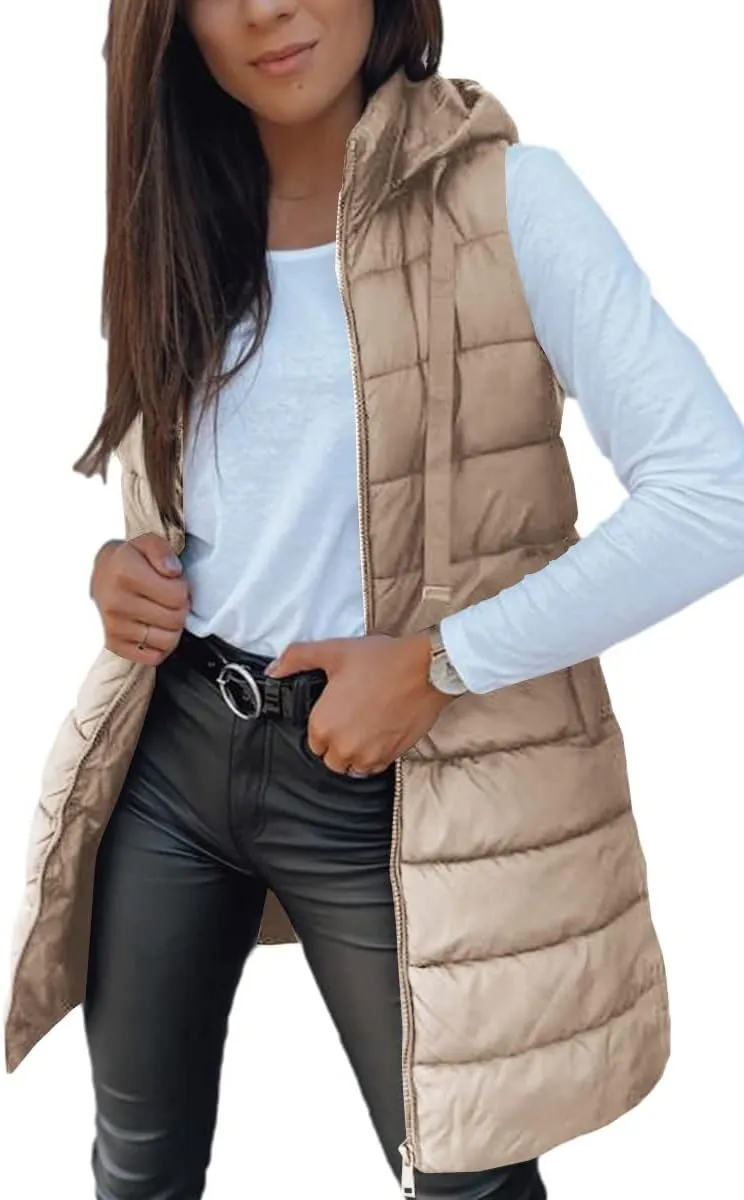 Veatzaer Women Long Vest Solid Color Sleeveless Hood Winter Puffer Vest Outwear
