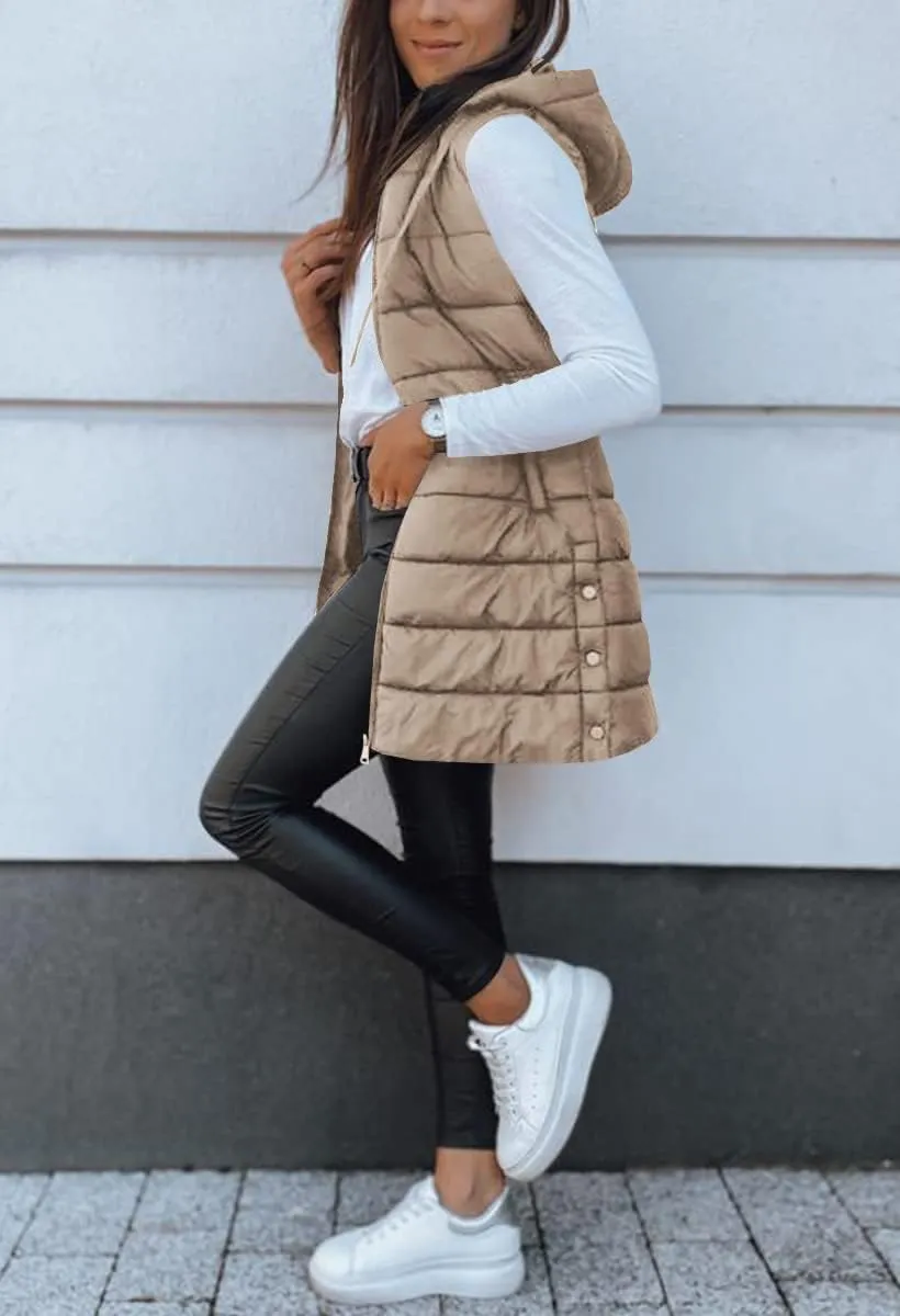 Veatzaer Women Long Vest Solid Color Sleeveless Hood Winter Puffer Vest Outwear