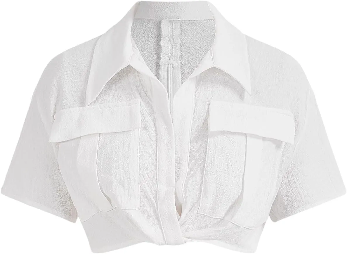 Verdusa Women's Short Sleeve Collar Neck Flap Pocket Twist Front Crop Top Shirts
