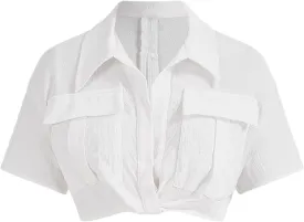 Verdusa Women's Short Sleeve Collar Neck Flap Pocket Twist Front Crop Top Shirts