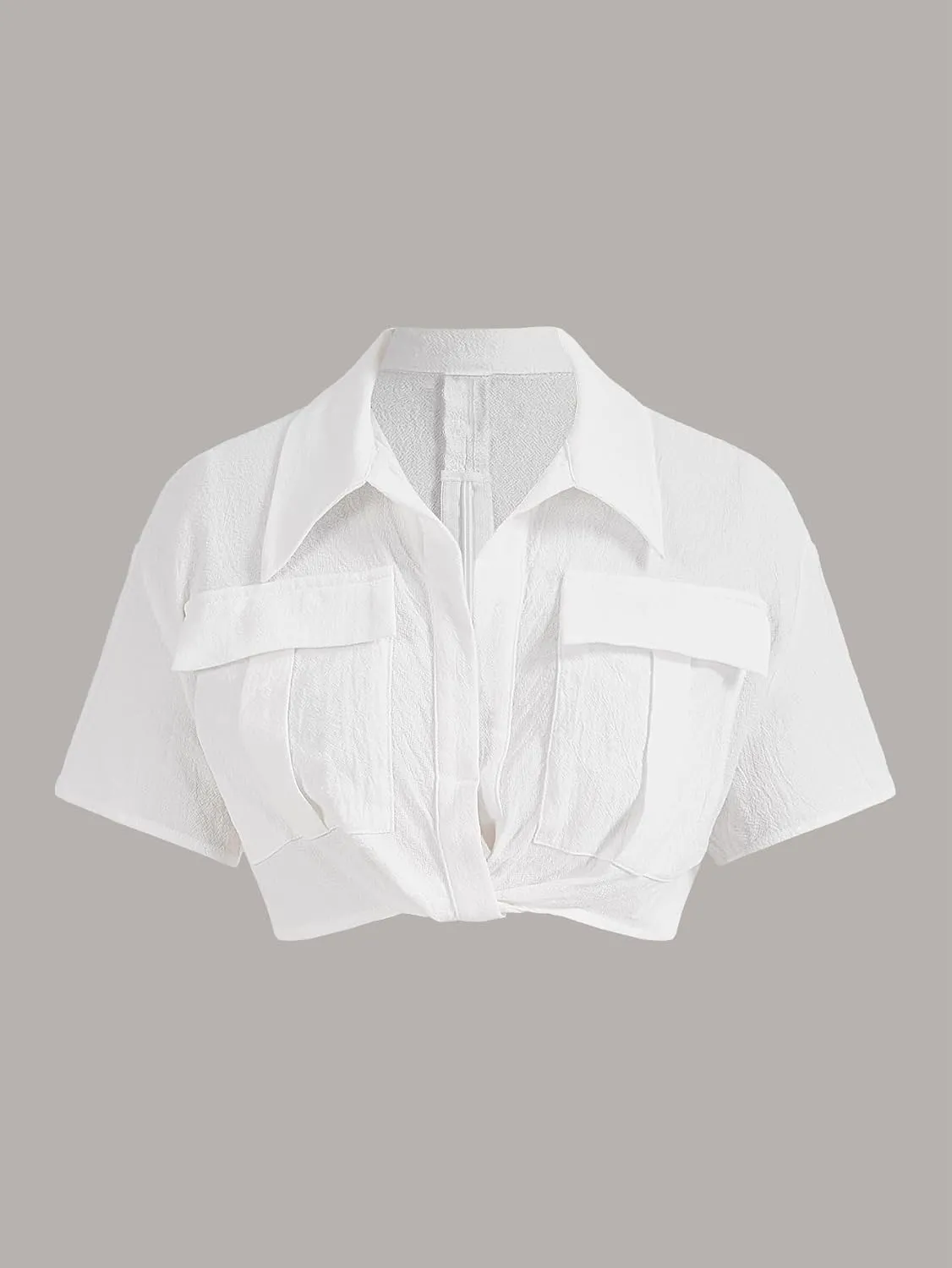 Verdusa Women's Short Sleeve Collar Neck Flap Pocket Twist Front Crop Top Shirts