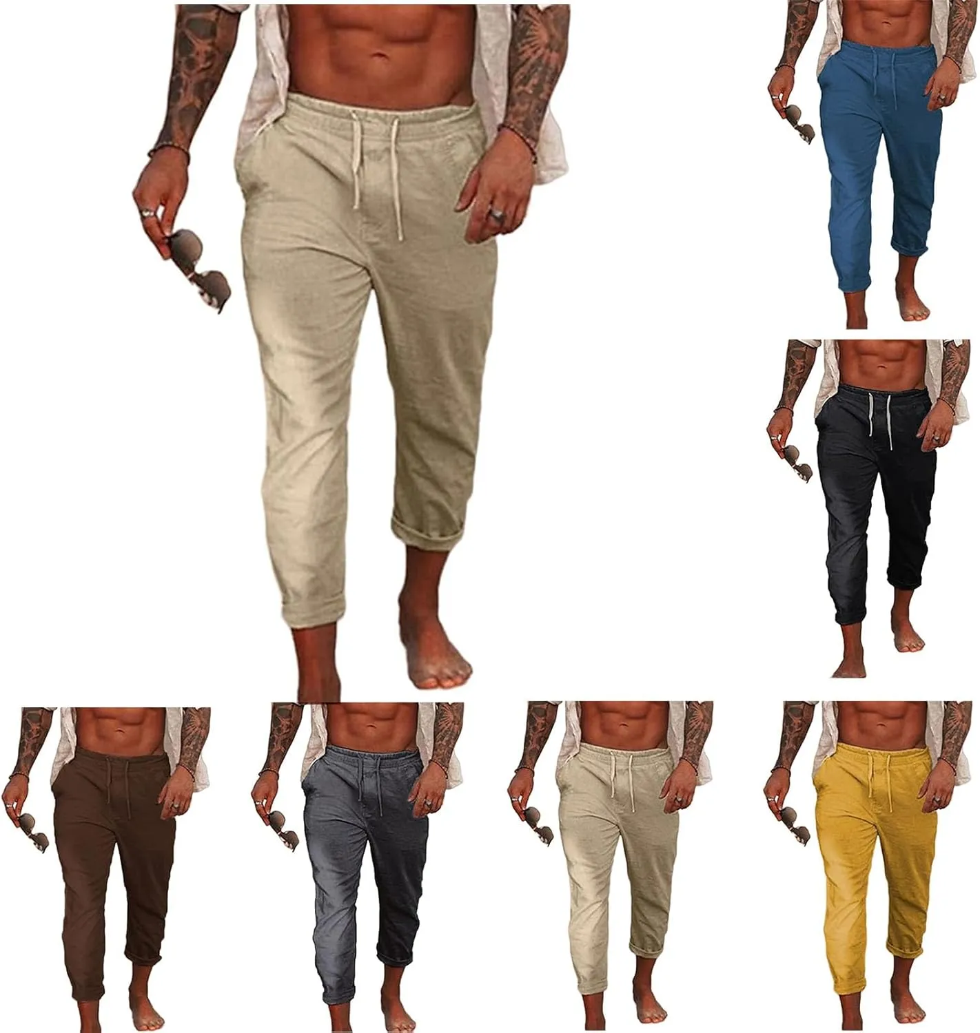 Wankang Mens Linen Casual Pants Elastic Waist Drawstring Pants Trousers Lightweight Yoga Beach Summer Pants for Men