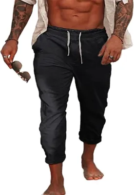 Wankang Mens Linen Casual Pants Elastic Waist Drawstring Pants Trousers Lightweight Yoga Beach Summer Pants for Men