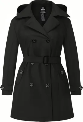 wantdo Women's Plus Size Trench Coat Double-Breasted Waterproof Lapel Overcoat Stylish Pea Coat with Detachable Hood