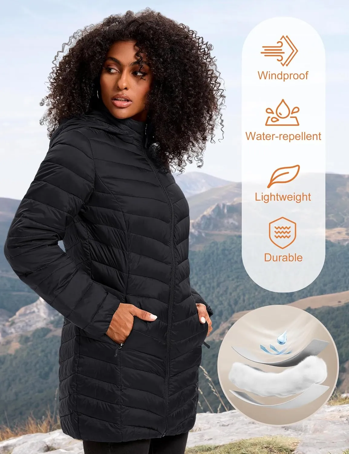 Women Packable Puffer Jacket Hooded Warm Lightweight Quilted Puffy Coat