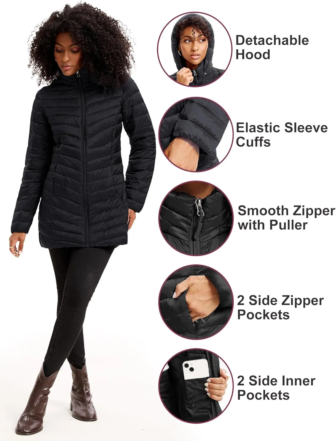 Women Packable Puffer Jacket Hooded Warm Lightweight Quilted Puffy Coat