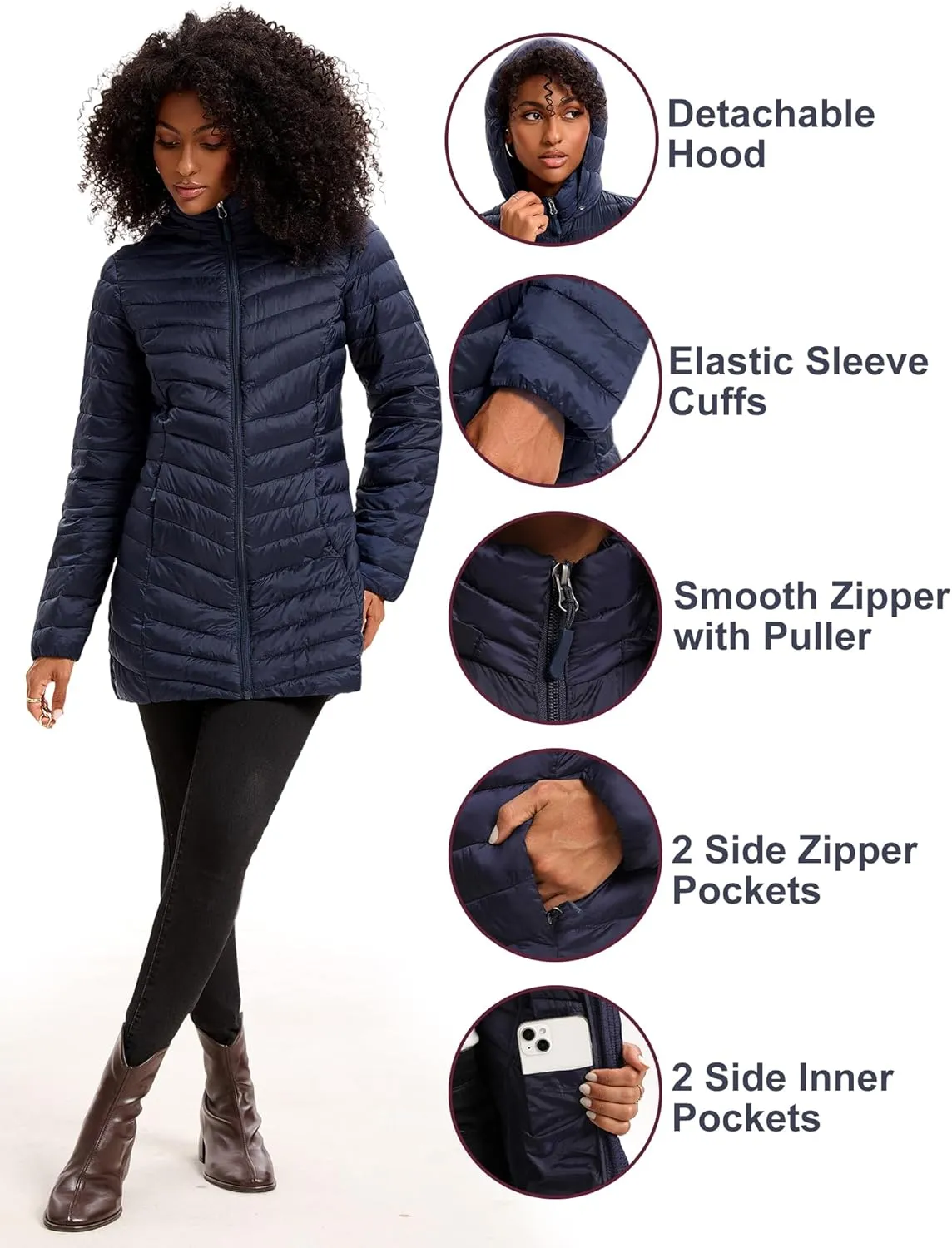 Women Packable Puffer Jacket Hooded Warm Lightweight Quilted Puffy Coat
