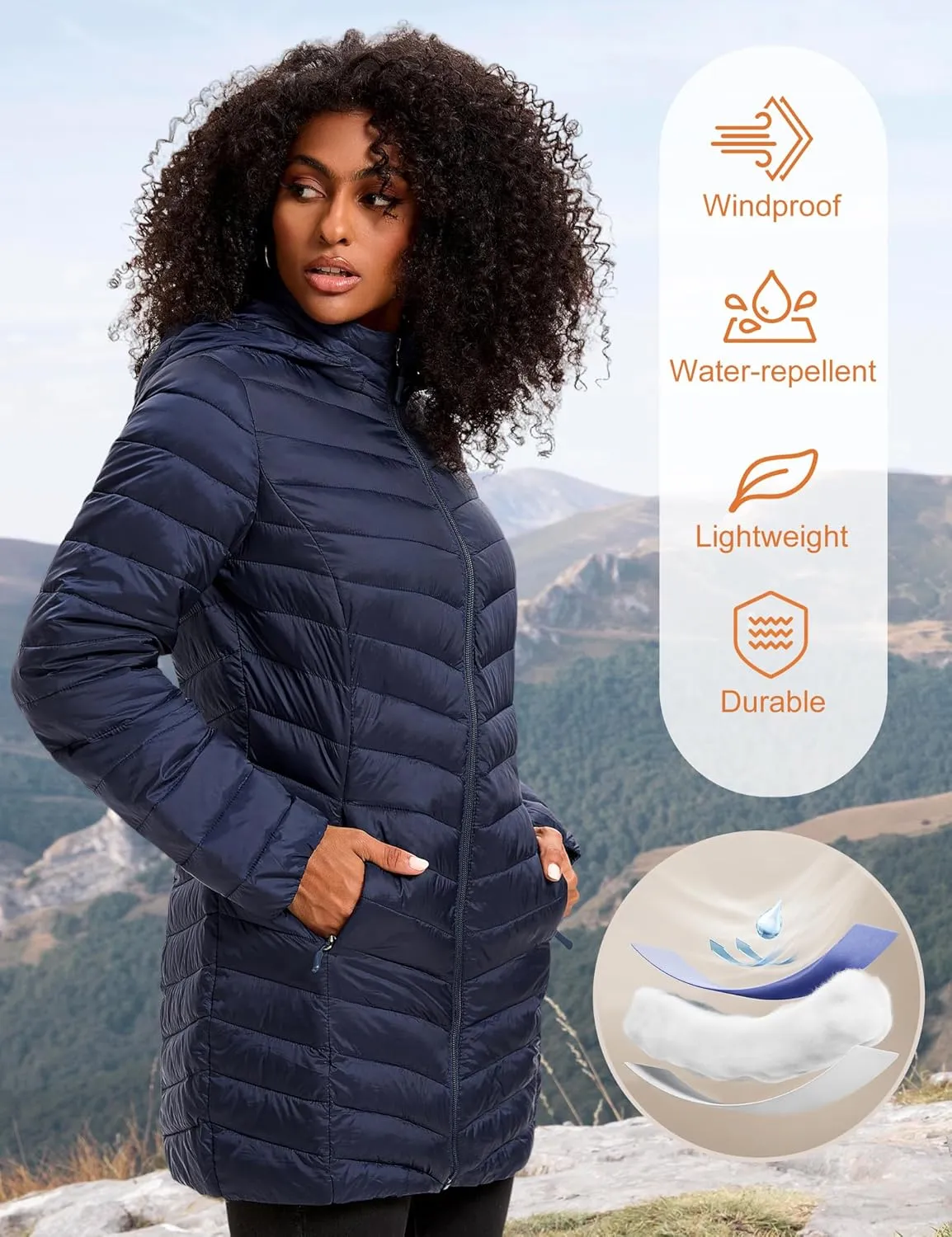 Women Packable Puffer Jacket Hooded Warm Lightweight Quilted Puffy Coat