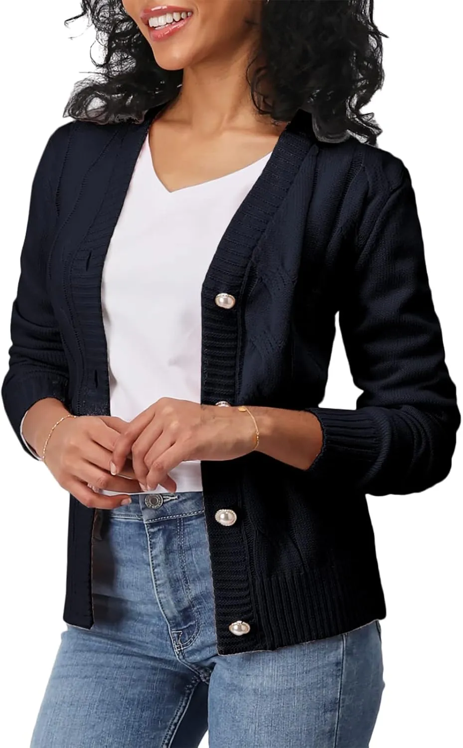 Women's Casual Slim Fit Cardigan Sweaters Long Sleeve Button Down Lightweight Waist Length