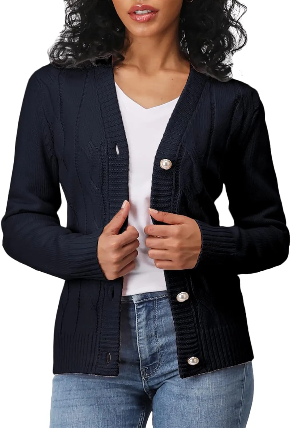 Women's Casual Slim Fit Cardigan Sweaters Long Sleeve Button Down Lightweight Waist Length
